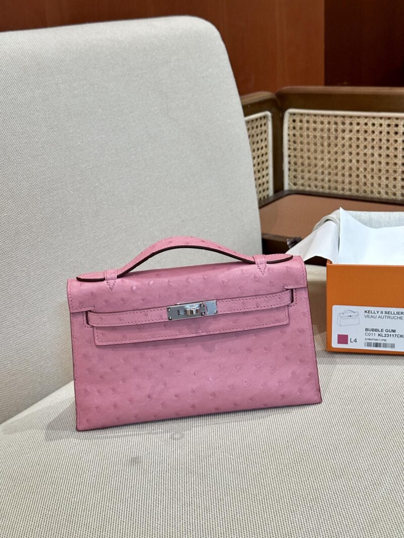 Hermès Kelly Pochette Rose Bubble Ostrich Palladium Hardware