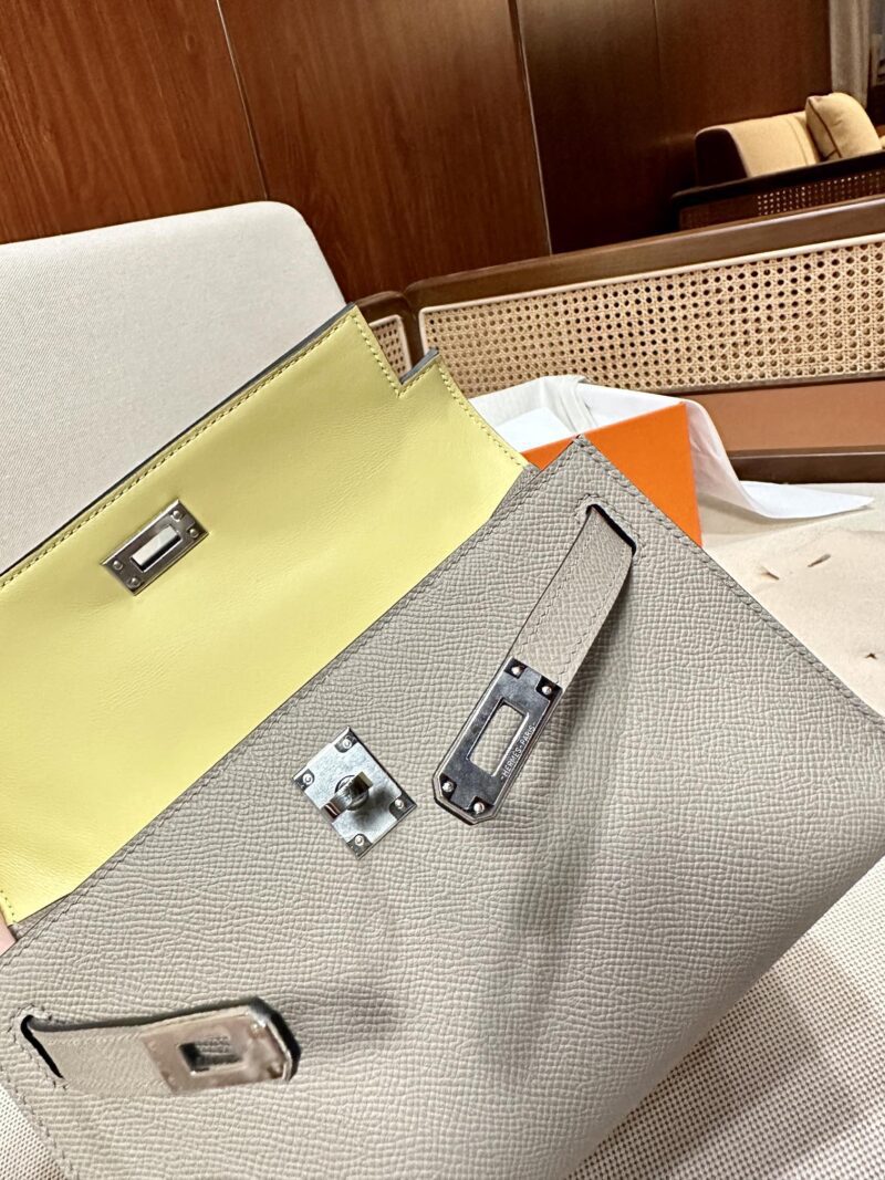 Hermès Kelly Pochette Gris Asphalt, Jaune Poussin Epsom Palladium Hardware