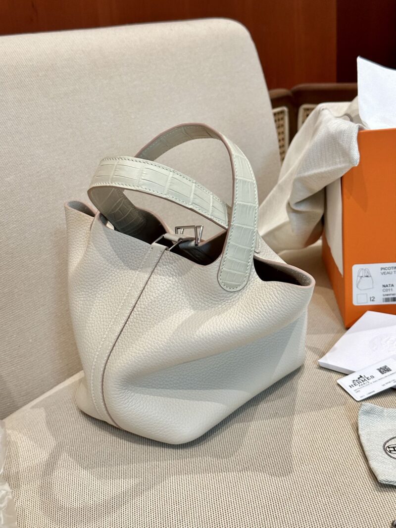 Hermès Picotin Touch 18 Taurillon Clemence & Matte Alligator Craie Silver Hardware - Image 5