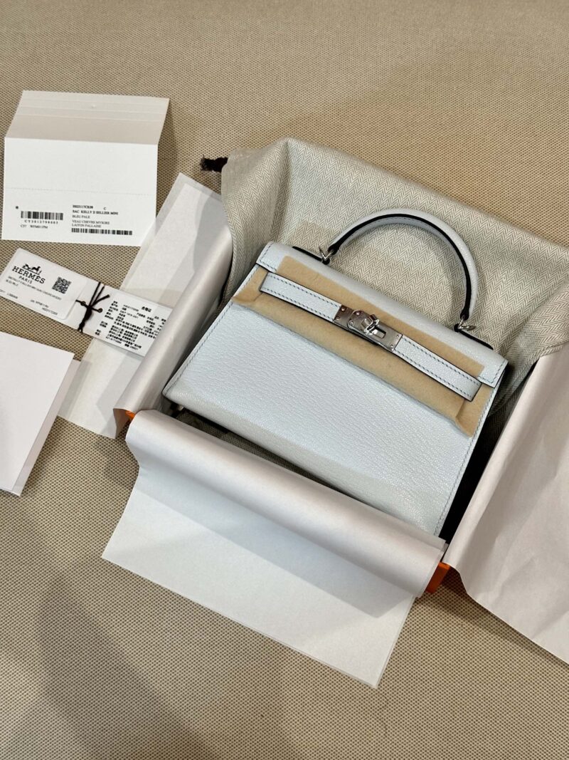 Hermès Mini Kelly Chevre Blue Pale Silver Hardware