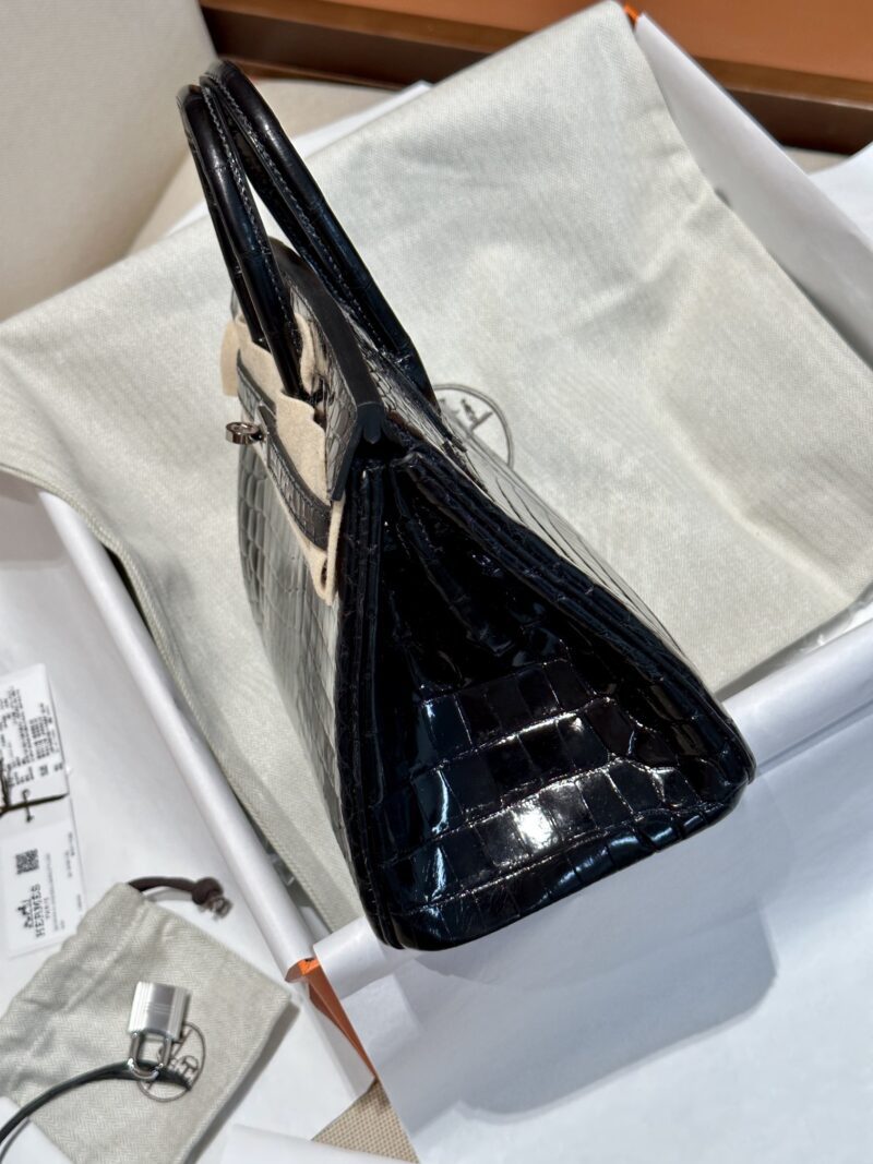 Hermès Birkin 25 Noir, Silver Shiny Crocodile Palladium Hardware - Image 3