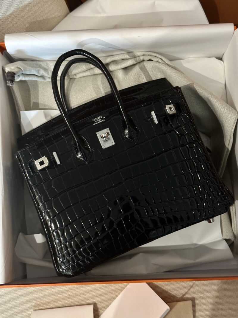 Hermès Birkin 25 Noir Shiny Crocodile Palladium Hardware - Image 3