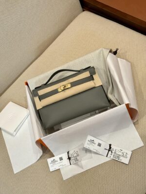 Hermès Kelly Pochette Gris Meyer, Gold Swift Gold Hardware