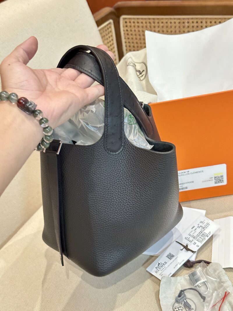 Hermès Picotin Touch 18 Taurillon Clemence & Ostrich Noir Silver Hardware - Image 8